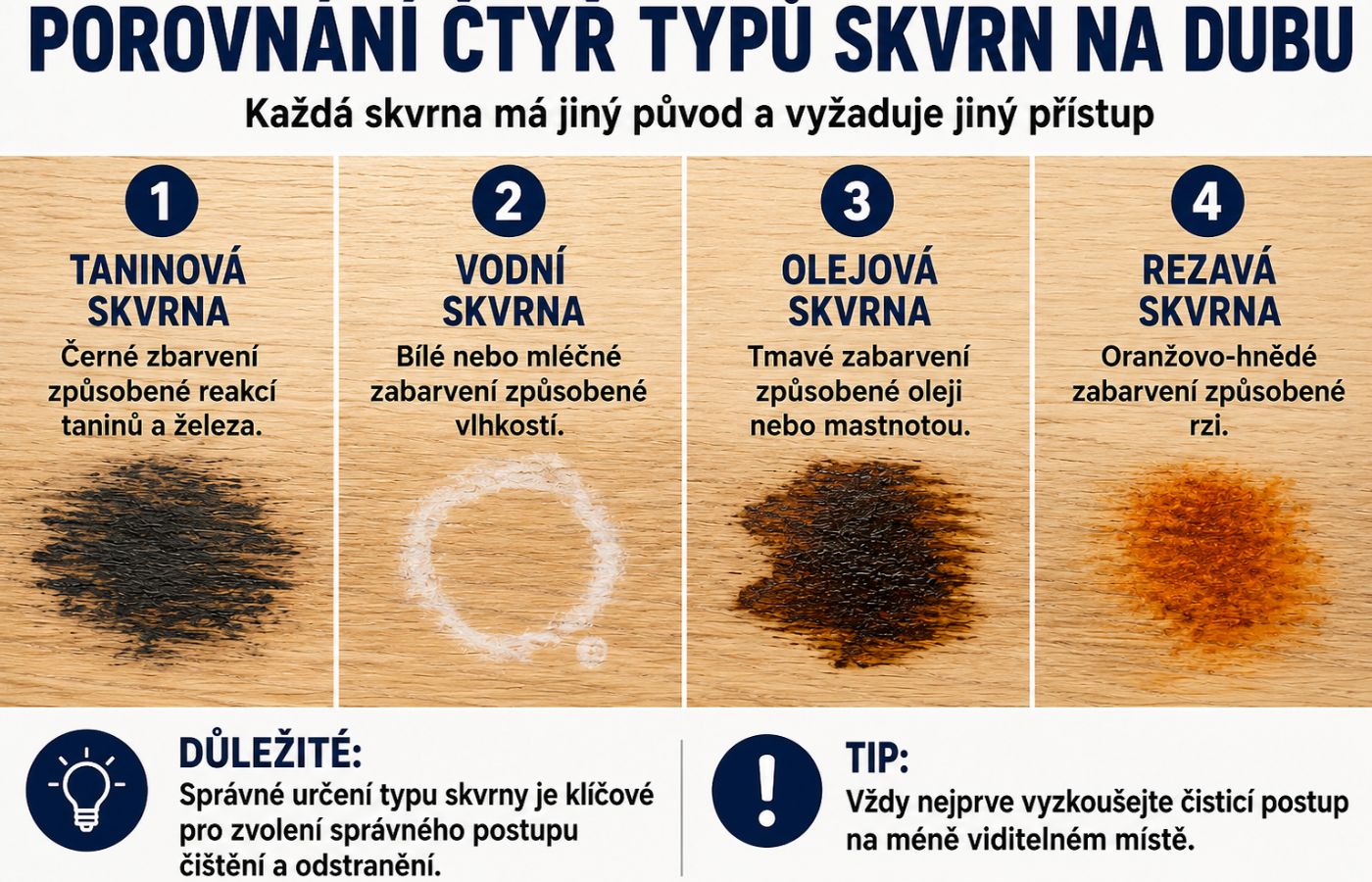 Porovnání 4 druhů skvrn na dubu